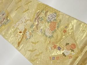 リサイクル　色紙散らしに花々・鴛鴦・屋敷模様織出し袋帯